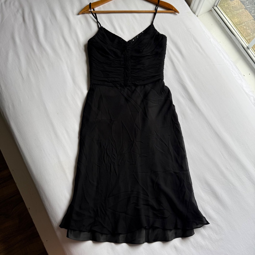 Cache Black 100% Silk Ruched Beaded Cocktail Homecoming Dress Size 4 VTG